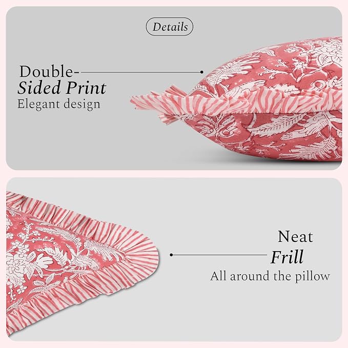 CPC Pink Coral Ruffle Throw Pillow Covers for Couch, 18x18 Inch Cotton Stripe Ruffle Couch Pillows for Living Room, Hidden 14 Inch Zipper Boho Pillow Case or Cute Outdoor Pillows