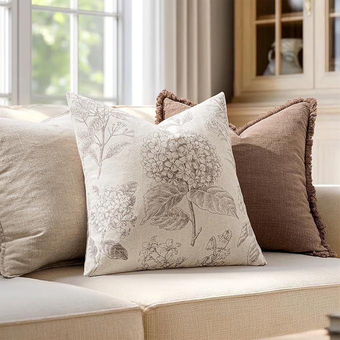 Set of 2 Decorative Floral Pillow Covers 20x20 Inch Light Camel | Neutral Hydrangea Print, Boho Vintage Throw Cushion Covers, Cottagecore Home Decor, for Sofa Couch Porch Bedroom Living Room