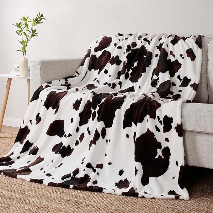 Cozy Bliss Cow Print Throw Blanket for Bed - Super Fuzzy Thick Soft Warm Fleece Blankets for Couch & Room Décor, for Women Men Girls Kids, Dark Brown Queen Size 90"*90"