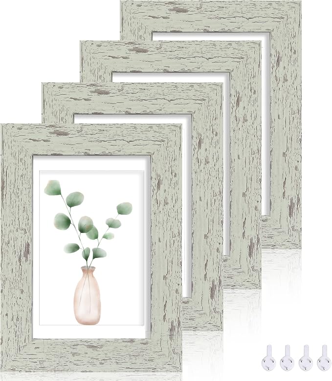 Hongkee 5x7 Picture Frame Set of 4, Made of Real Glass and Sage Green Wooden Frame, 5 by 7 Photo for Wall or Tabletop - Display Picture 4x6 with Mat or 5x7 Without Mat