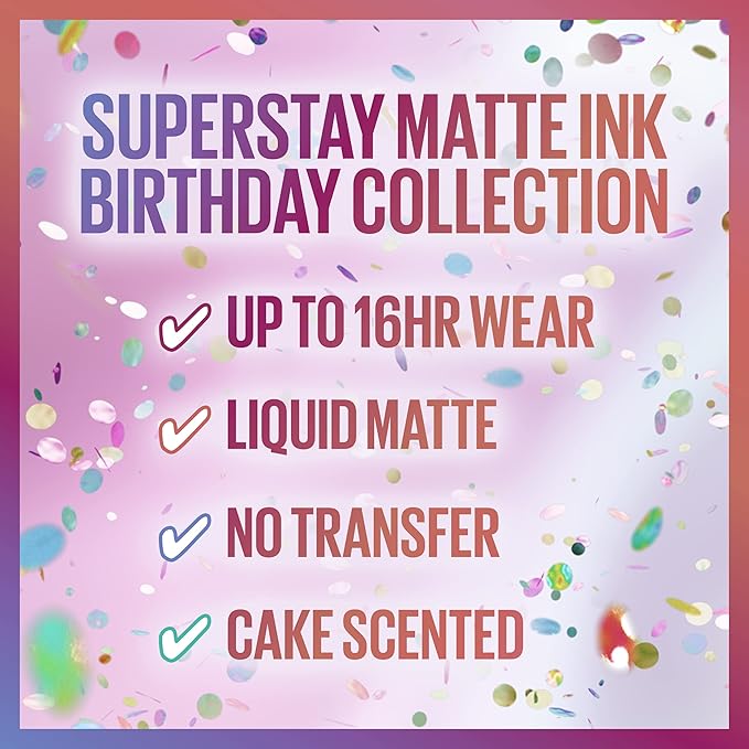 Maybelline New York Super Stay Matte Ink Liquid Lipstick, Transfer Proof, Long Lasting, Limited Edition Birthday Cake Scented Shades, Party Goer, 0.17 Fl Oz