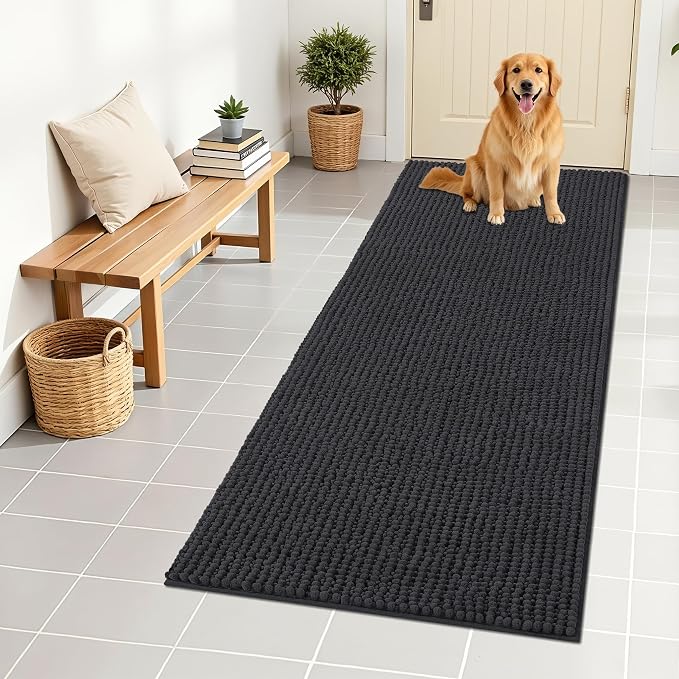 OLANLY Dog Door Mat for Muddy Paws 59x24, Extra Absorbent Chenille Mud Mat | Dark Grey, Absorbs Moisture and Dirt, Non-Slip Machine Washable Doormat, Quick-Drying Indoor Entryway Floor Mat for Dogs