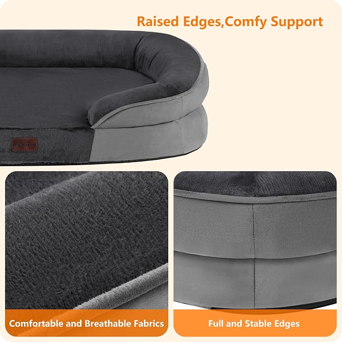 Dwanton Orthopedic Waterproof X-Large Dog Bed Sofa, Gel Memory Foam, 45" | Egg-Crate Foam Dog Sofa, Washable Pet Bed with Four Sided Bolster Cushion, Removable Cover & Non-Slip Bottom, Dark Grey