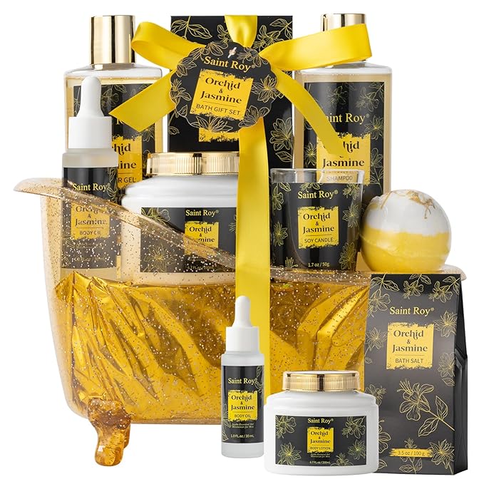 Mothers Day Home Spa Bath Gift Basket, Spa gift basket Christmas Gifts for Women men, Spa Kit Self-care Gifts, Spa Collection Gift, Orchid Jasmine Bath and Body Gift Pampering Spa Gifts Mother's Day
