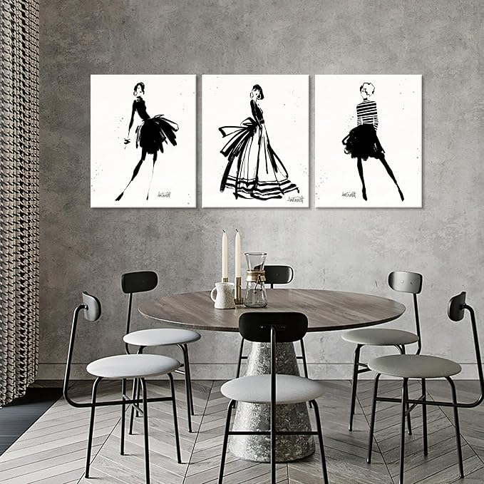 Chadow Artwork 3 Pieces Girl in Black Dress Wall Art Bathroom Art Fashion Women Canvas Pictures for Bedroom Beauty Salon Bathroom Makeup Room Decor 12"x16" (30cmx40cm)