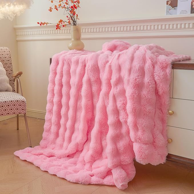 LIFEREVO Luxury Fluffy Faux Rabbit Fur Throw Blanket 50x60, Pink | Plush Shaggy Bubble Blanket for Bed Couch Sofa Office, Decorative Soft Cute Furry Lap Throw for Kids Teens Adults, Washable
