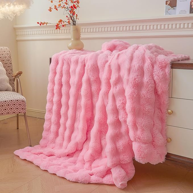 LIFEREVO Luxury Fluffy Faux Rabbit Fur Throw Blanket 60x80, Pink | Plush Fuzzy Bubble Lap Throw for Couch Sofa Office, Soft Cozy Furry Bed Blanket Home Decoration, Washable & Skin-friendly