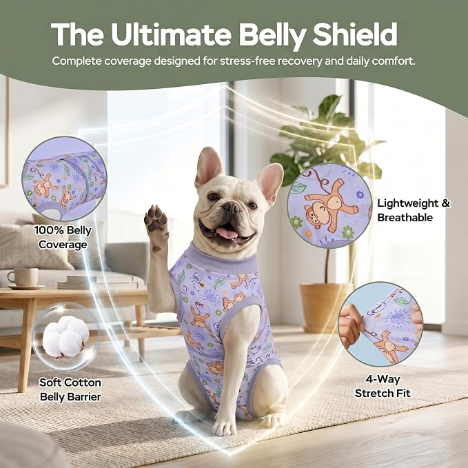 PetWarm Recovery Suit for Dogs, Dog Surgical Recovery Suit Female and Male, Dog Onesie for Surgery, Anti-Licking Dog Surgery Recovery Suit, Monkey Pattern, Grey, XS