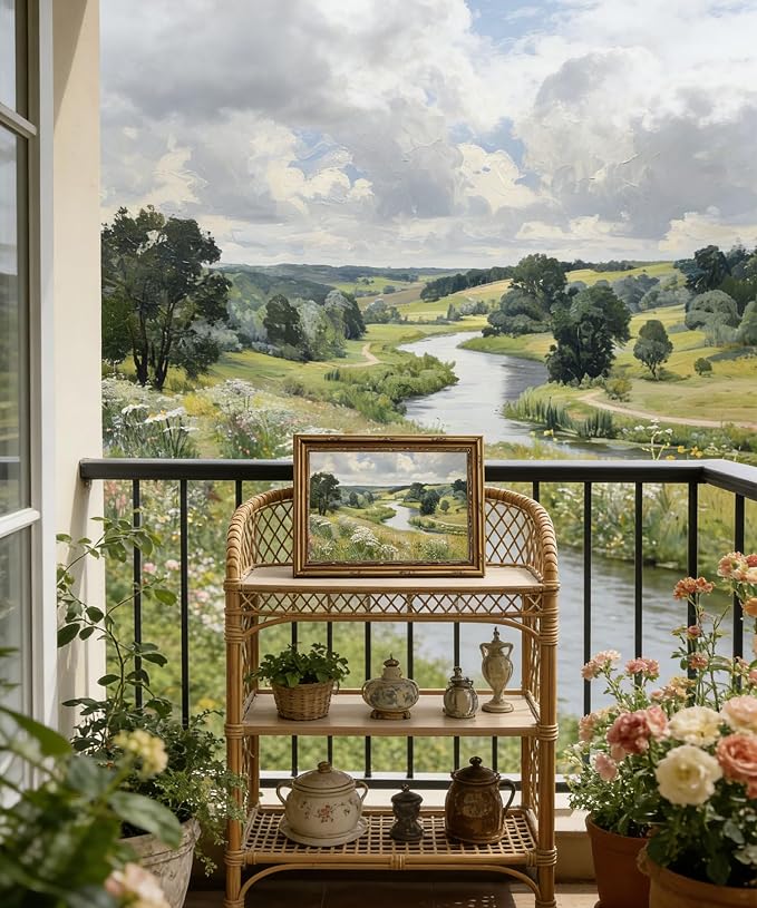 Gold Framed Wall Art Vintage Countryside River Wall Art Rustic Nature Wildflower Meadow Landscape Wall Decor Picture Farmhouses Country Cottage Poster Print Artwork for Living Room Bedroom 9x11in