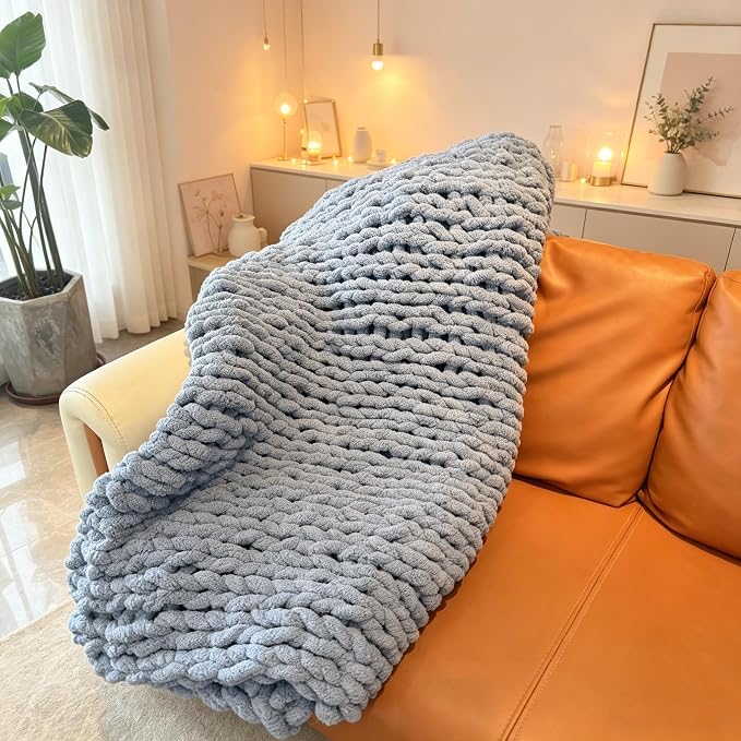 Soft Chunky Knit Throw Blanket for Couch, Cozy Warm Knitted Blankets | Hand Knit with Jumbo Chenille, Lightweight Warm Fluffy Decor for Women, Mom, Her & Girls, Sofa, Chair, Bed,40"×40"(Airy Blue)
