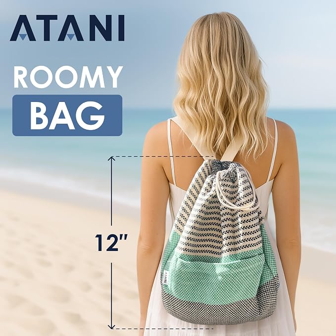 ATANI Turkish Beach Towel (71x39 Inches), Converts to a Bag, Oversized 100% Cotton Bath Towels Lightweight Quick-Dry Beach Blanket for Travel, Picnic, Camping, Yoga and Pool (Green x Black)
