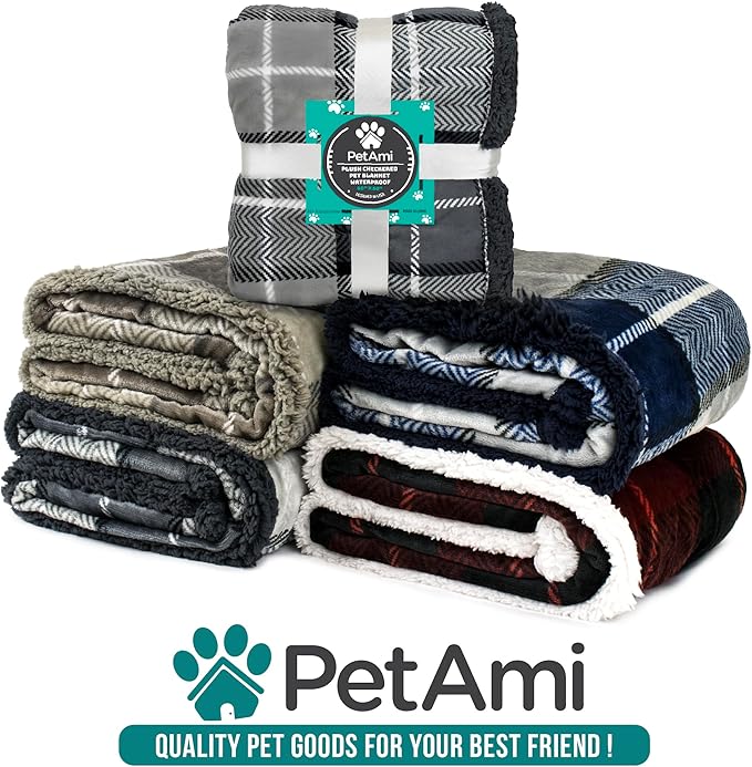 PetAmi Waterproof Dog Blanket for Small Puppy Cat, 29x40, Plaid Taupe | 460 GSM Sherpa Fleece Reversible, Pee Proof Pet Blanket, Furniture Protector Cover for Couch Sofa Kennel Crate, Washable