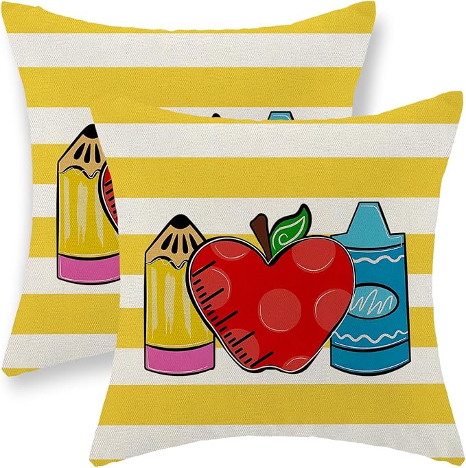 Classroom Pillow Covers 16x16 Inch Set of 2 Yellow Stripes Preppy Throw Pillows Kids Students Back to School Decor Pillowcase Linen Outdoor Decorations Farmhouse Cushion Case for Sofa Home