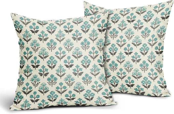 Black Teal Floral Pillow Covers 20x20 Inch Set of 2, Spring Summer Vintage Flower Block Print Pattern Decorative Throw Pillowcases Outdoor Boho Farmhouse Cushion Covers Seasonal Sofa Couch Bed Decor