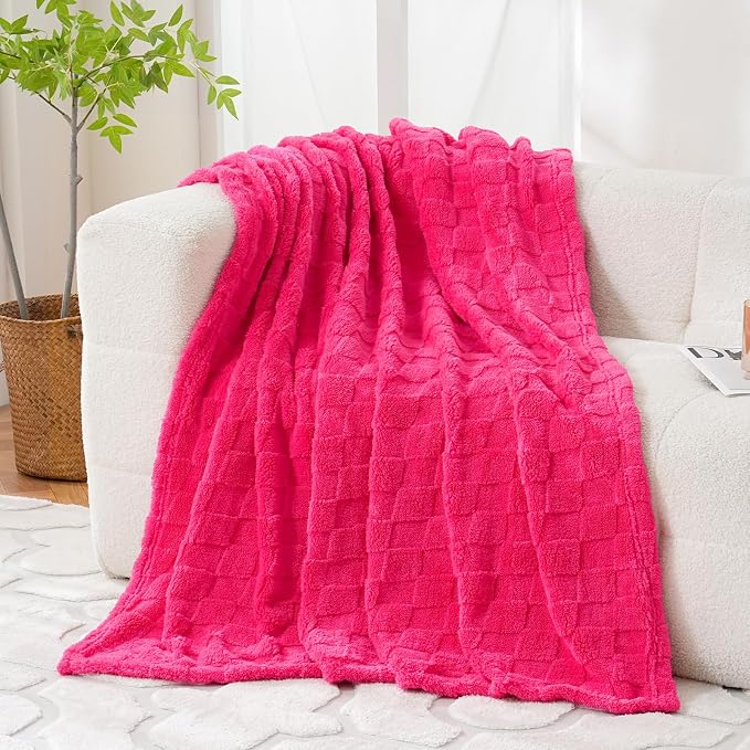 Hot Pink Fleece Throw Blanket 60”×80”Checkered Design for Couch | Super Soft Cozy Plush Microfiber 3D Square Pattern Flannel Blanket for Sofa Bed Lightweight for Adults,Women
