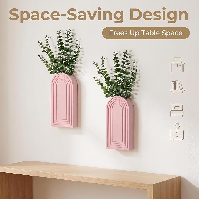 Dnnnii 2 Pack Wooden Wall Vase Set - Pink Finish Modern Farmhouse & Boho Wall Decor for Entryway, Hallway, Bathroom, Living Room, Dining Room, Narrow Spaces