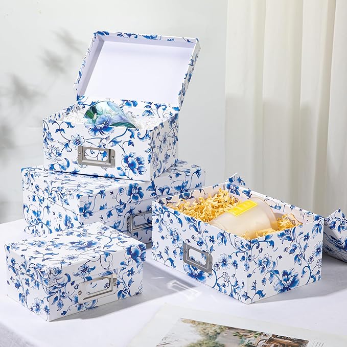 Briful Blue and White Porcelain Storage Boxes with Lids, Set of 4 – Chinoiserie Nested Card Photo Storage Box Organizer, Decorative Paperboard Box for Closet, Office, Gifts,Cosmetic,Books