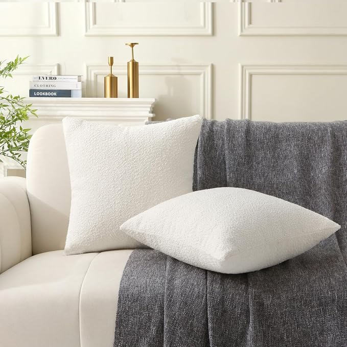 Complete Throw Pillows with Inserts, Set of 2 Decorative Throw Pillow-Boucle-18 x 18"-Square Boho Pillows for Couch, Patio, Bed, Sofa Decor (White, 18" x 18"(Pack of 2))