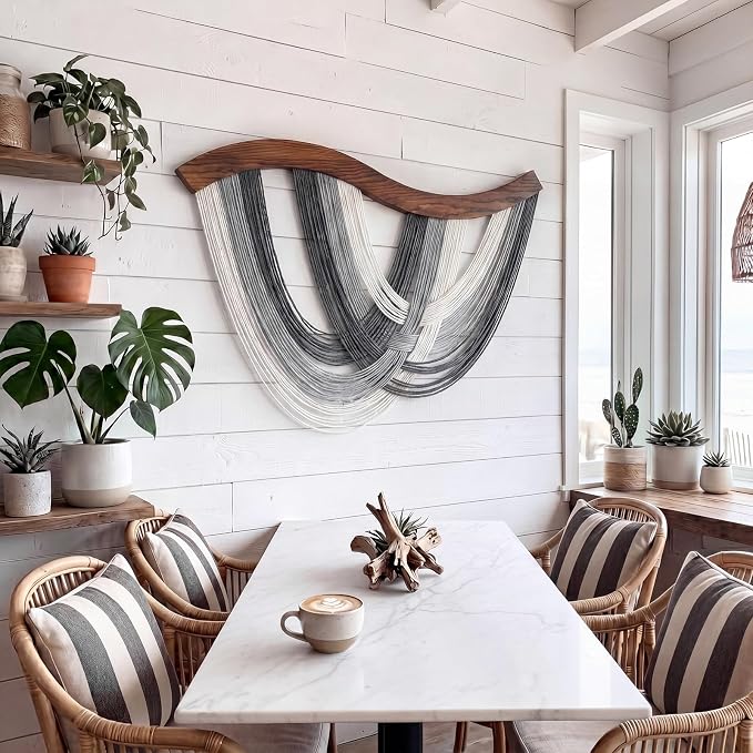 Neutral Grey Macrame Wall Hanging Dip Dyed Yarn Wall Art, Modern Boho Decor | Handmade Cotton Rope Tapestry for Bedroom, Living Room, Nursery, 31.5 x 23.6 Inch
