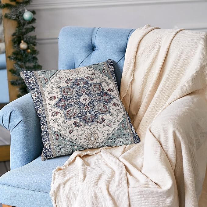 Boho Throw Pillow Covers 16x16 inch Set of 2,Soft Pillowcases Bohemia Carpet Printing Pattern Decorative Sofa Living Room Bed Square Pillow Case Cushion Cover-Blue Cyan