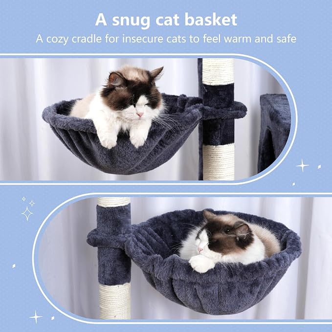 Hey-brother Cat Tree Tower with Stable Extended Base, 3 Platforms, MPJ038G | 70.9 Inches Multi-Level Sisal Scratching Posts, Wide Bed, 2 Cozy Condos, 2 Hammocks, Toy Balls for Indoor Cats, Smoky Gray