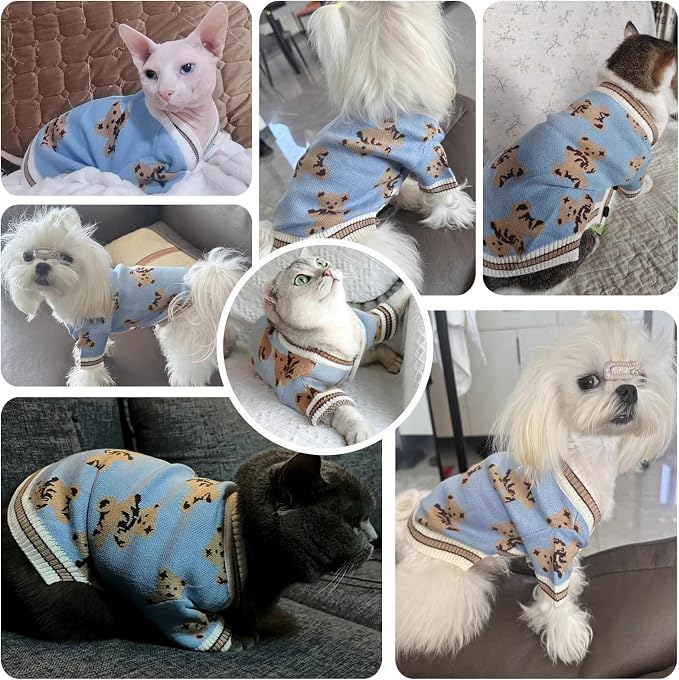 ABRRLO Small Dog Sweaters Cute Bear Dog Cardigans Clothes for Small Medium Dogs Boy Girl Puppy Cat Knitting Cardigan Outfits Dogs Winter Coats Warm Pet Doggy Clothes Soft Knitwear Apparel (Blue,XS)