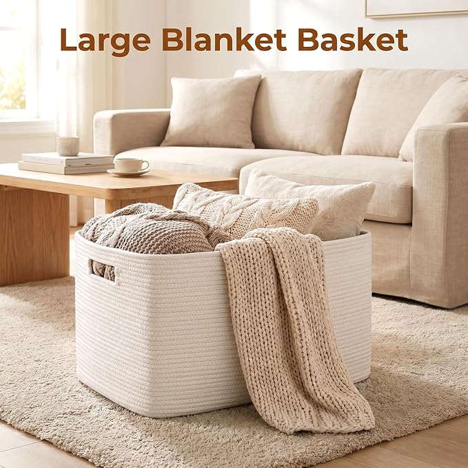 OIAHOMY 75L Large Blanket Basket, Woven Cotton Rope Baskets for Organizing, 22”x17”x12”, Blanket Basket living Room, Bedroom, Nursery, Dog Toy Storage Bins, White