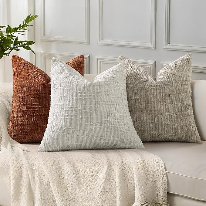 decorUhome Textured Chenille Throw Pillow Covers 26x26 Set of 2 Light Brown | Fall Modern Farmhouse Soft Cozy Slubby Couch Pillow Cases Boho Decorative Pillow Cases for Bed Sofa Living Room Home Decor