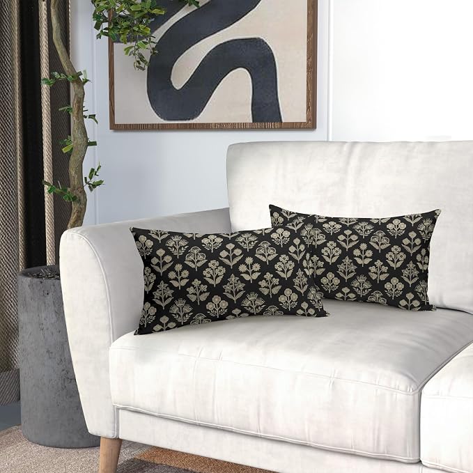 Black Pillow Covers 12x20 Inch Set of 2, Cream Floral Block Print Pattern Lumbar Decorative Throw Pillowcases Outdoor Farmhouse Rectangle Cushion Covers Spring Summer Sofa Couch Bed Decor