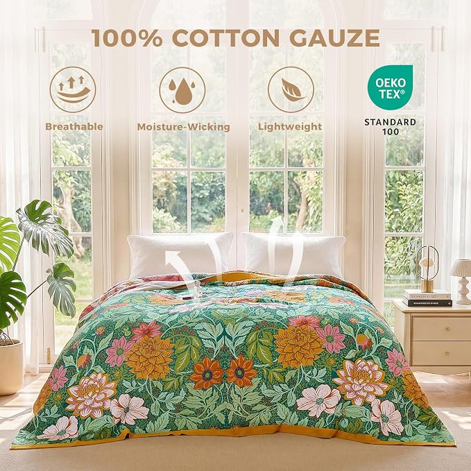 LUTBM Boho Throw Blanket for Bed 60"x80", All Season Cotton Couch Blankets | Green Reversible Floral Jacquard, Muslin Twin Quilt, For Chair Sofa Living Room Decor, Lightweight & Breathable 4-Layer Gauze