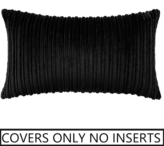 UGASA Velvet Lumbar Throw Pillow Cover, Both Sides Corduroy Striped Soft Solid Decorative Rectangular Cushion Case for Couch/Bedroom/Car, 1 Pack, 12x20 Inch, Black