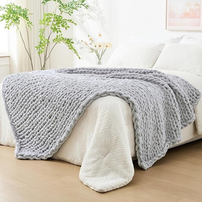 Bigacogo Chunky Knit Throw Blanket for Couch, 51x63 inches, Light Grey | Hand Knit with Jumbo Chenille, Soft Breathable Cable Knit for Sofa Bed Living Room, Machine Washable, Gift for Mom Friend