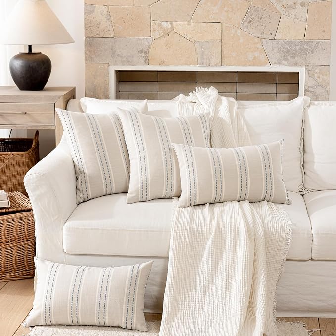 Hckot Dusty Blue Decorative Pillow Covers Stripe Throw Pillow Covers 18x18 | Set of 2 Farmhouse Decorative Pillows Textured Square Cushion Covers for Sofa Couch Bed Living Room Decor