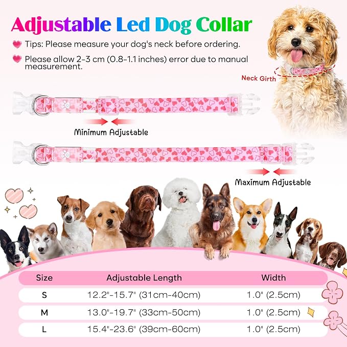 Light up Dog Collar Rechargable - Multicolor LED Dog Collar, 7 Colors Safety Dog Lights with Battery Indicator, Waterproof and Adjustable Heart Print Glow Collar for Dogs (Pink Heart, S)