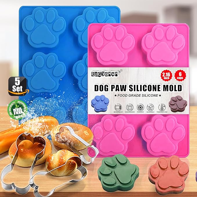 2 packs 6-Cavity Dog Cat Paw Silicone Mold & 3 Packs Stainless Steel Bone Cookie Cutter，for Chocolate, Candy, Pudding, Jelly, Dog Treats.