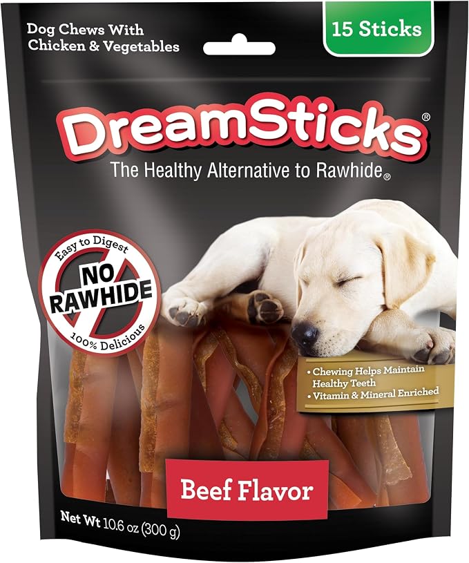 DreamBone DreamSticks, Rawhide Free Dog Chew Sticks Made with Real Beef and Vegetables, 15 Sticks | Daily Chew, Digests Safely and Completely, Made With Real Beef, Chicken & Veggies, For Adult Dogs