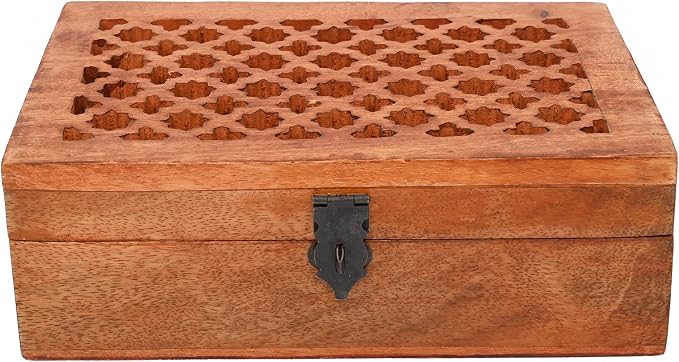 Mango Wood Decorative Wooden Box with Hinged Lid in Jali Carvings Used as Storage Box Christmas Gifts Items (9" x 6" x 3')