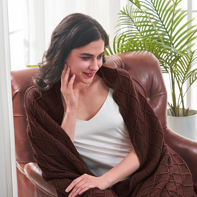 inhand Diamond Brown Knitted Throw Blanket for Couch and Bed, 60"x80" | Soft Cozy Knit Blanket with Tassel, Lightweight Decorative Blankets and Throws, Farmhouse Warm Woven for Men and Women