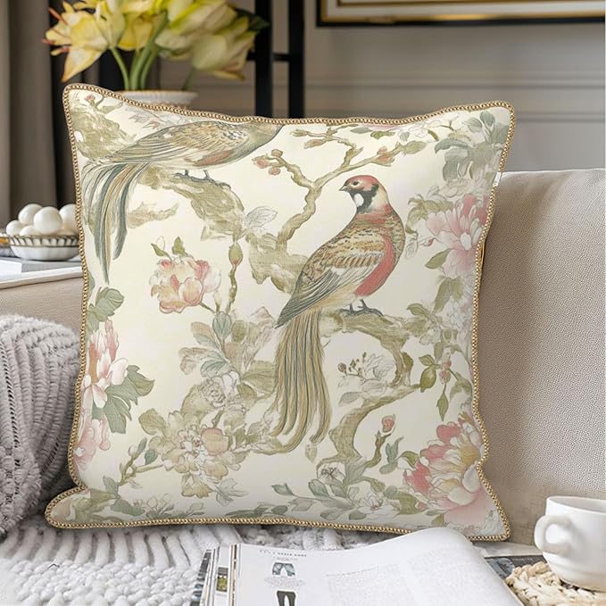 Vintage Cream Chinoiseriel Soft Velvet Throw Pillow Covers Set of 2 Bird Floral Flowers Leaves Decorative Pillow Covers 20x20 Inch Rustic Farmhouse Pillow Case For Sofa Couch Living Room Home Decor