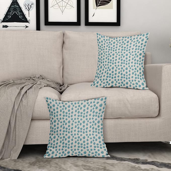 Aqua Cream Pillow Covers 22x22 Set of 2 Boho Design Polka Dot Throw Pillows Modern Brush Strokes Print Decorative Outdoor Pillowcase Square Cushion Cover Linen Pillow Case for Home Sofa Couch Bed