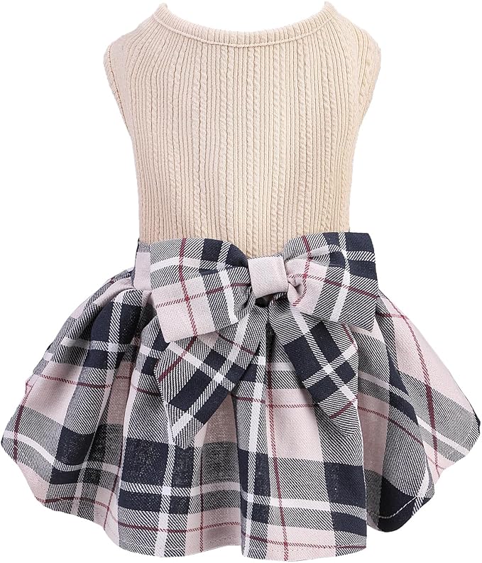 PUPTECK Cute Soft Plaid Dog Dress with Bow Puppy Skirt Clothes, Beige S | Breathable Lightweight Adorable Puppy Doggie Pet Clothes Outfits Apparel Costume for Small Medium Large Dogs Girl
