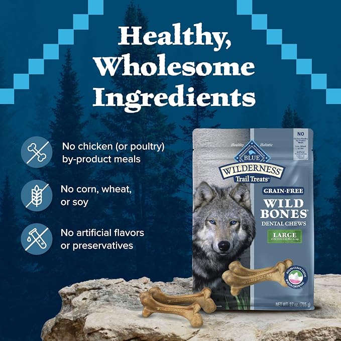 Blue Buffalo Wilderness Wild Bones Grain-Free Dental Chews Dog Treats, Large, 27-oz Bag, (Pack of 2)