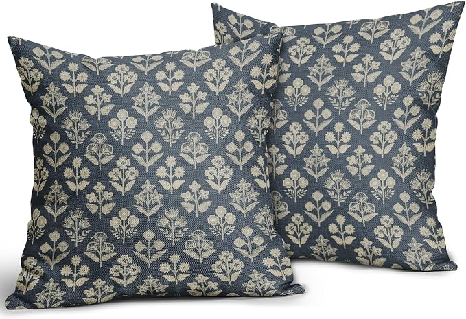 Dusty Blue Floral Pillow Covers 24x24 Inch Set of 2, Vintage Flower Block Pattern Decorative Throw Pillowcases Outdoor Farmhouse Cushion Covers Spring Summer Rustic Decoration Sofa Couch Bed Decor