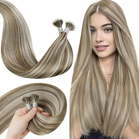 LaaVoo Nano Bead Hair Extensions Nano Ring Hair Extensions Light Blonde Highlight Golden Brown 50g/50s 24 Inch