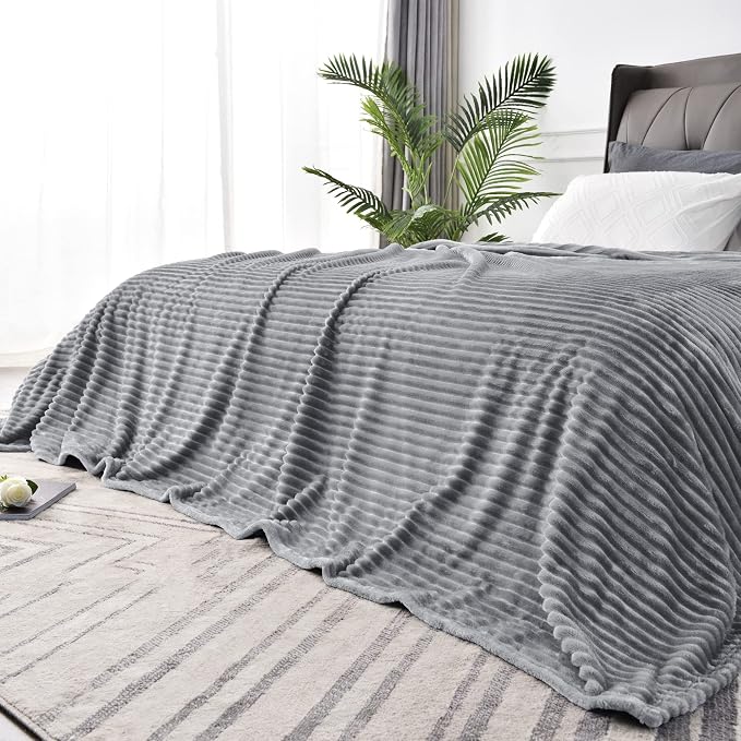 BEDELITE 3D Ribbed Jacquard Grey King Size Blankets for Bed, 108x90 Inch | Soft Warm Decorative Fluffy Blanket, Cozy Fuzzy Lightweight Plush Fleece Throw Blankets for Bed, Room Decor, Gift for Women
