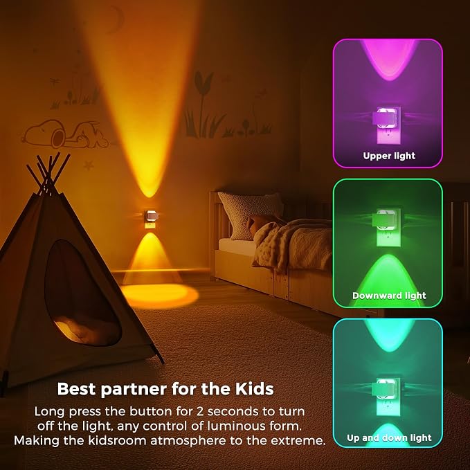 L LOHAS LED Night Light, Color Changing Night Lights Plug into Wall RGB | Rotating White Nightlight, Dusk to Dawn Sensor, RGB Rainbow Nightlights Projector for Bathroom, Gaming Room, Decor, 2 Pack