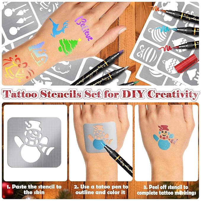 8 Metallic Temporary Tattoo Markers for Kids Adults, 155+ Christmas Santa Snowman Tattoo Stencils, Girl Boy Women Face Body Paint Cosmetic Tattoos Pens for Skin DIY Xmas Stocking Stuffers Party Favor