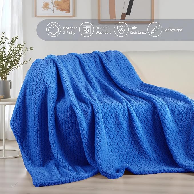 Exclusivo Mezcla Soft Fleece Twin Size Blanket for Bed, Cobalt Blue | Jacquard Lightweight Cozy Bed Blanket, Breathable Decorative Fuzzy Textured All Season Use, 60x80 Inches