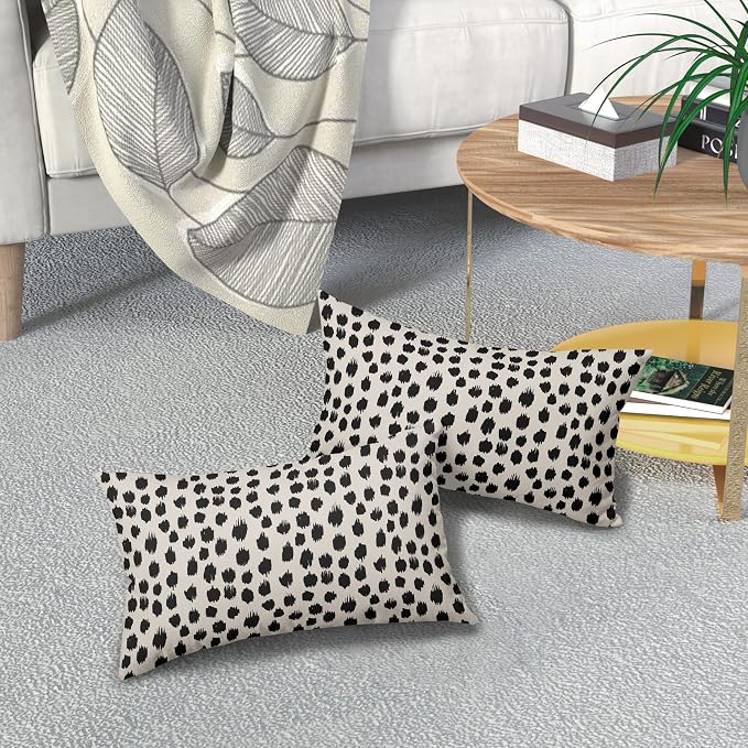 Polka Dot Throw Pillow Covers 12x20 Set of 2 Black Cream Throw Pillows Boho Design Brush Strokes Decorative Outdoor Pillowcase Square Cushion Cover Linen Pillow Case for Home Sofa Couch Bed