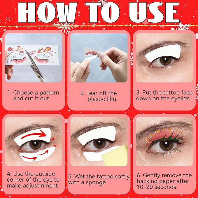 12 Pairs Christmas Eye Shadow Stickers Face Makeup Patches Xmas Eyeliner Stickers Decals Temporary Tattoo for Women Fake Tattoos Christmas Stocking Stuffers Party Supplies Festival Decorations